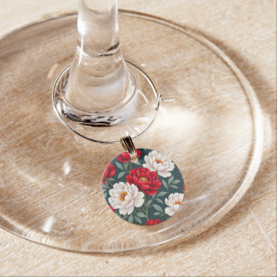 Red and white peony flowers wine charm