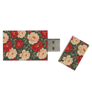 Red and white peony flowers wood flash drive