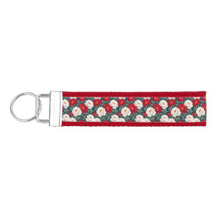 Red and white peony flowers wrist keychain