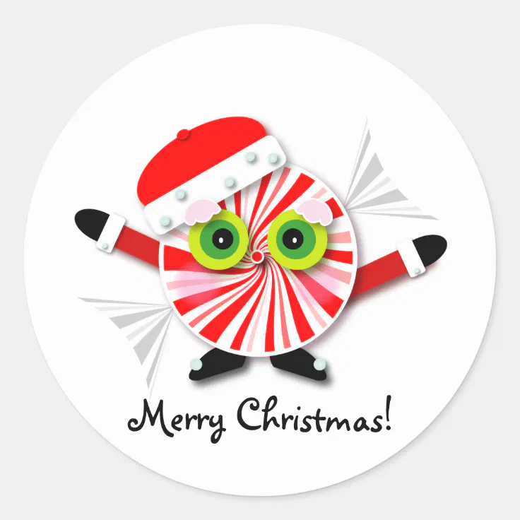 Red and White Peppermint Candy Christmas Cartoon Classic Round Sticker |  Zazzle