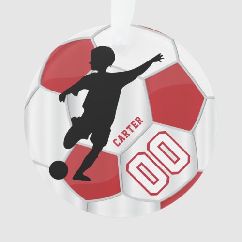 Red and White Personalize Boy Soccer Player Ornament