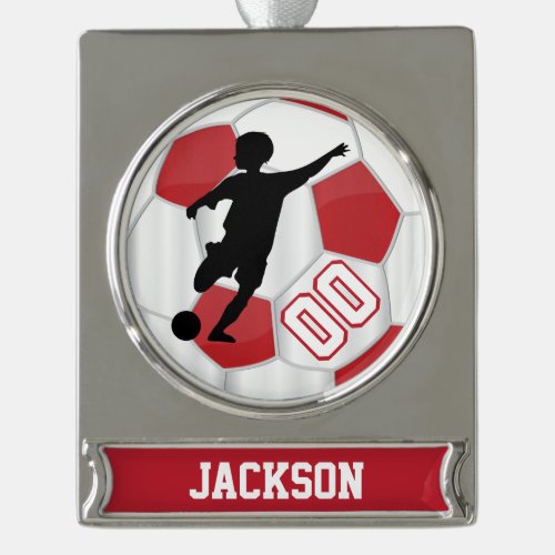 Red and White Personalize Boy Soccer Player Silver Plated Banner Ornament