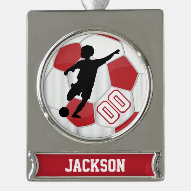 Red and White Personalize Boy Soccer Player Silver Plated Banner Ornament (Front)
