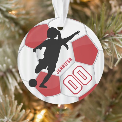 Red and White Personalize Girl Soccer Player Ornament