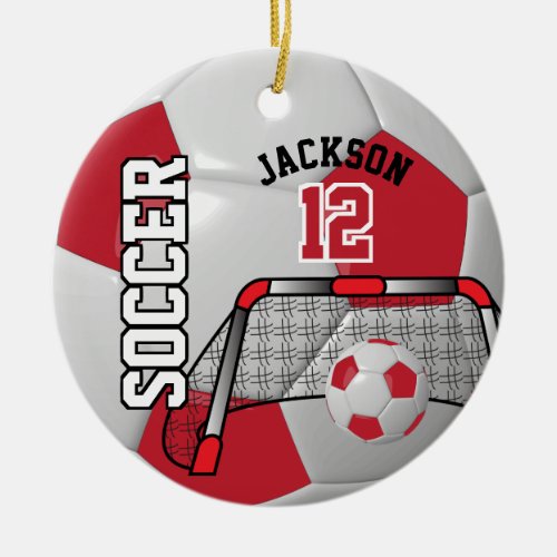 âš Red and White Personalize Soccer Ball Ceramic Ornament