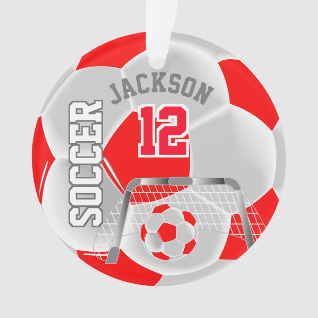 Red and White Personalize Soccer Ball Ornament (Front)