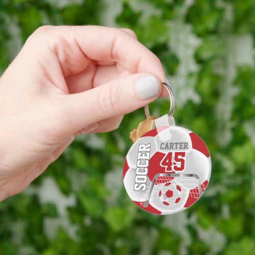 Red and White Personalize Soccer  Keychain