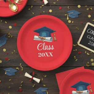 Red and White Personalized Class Graduation Paper  Plates