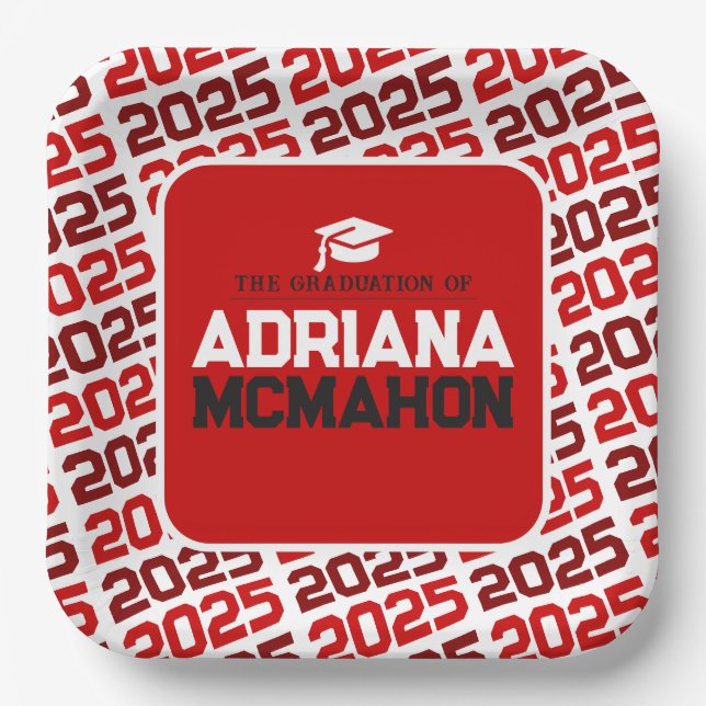 Red and White Personalized Graduation Paper Plates (Front)