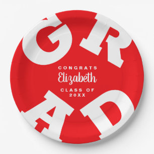 Red and White Personalized Graduation Paper Plates