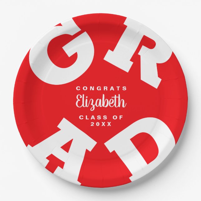 Red and White Personalized Graduation Paper Plates (Front)