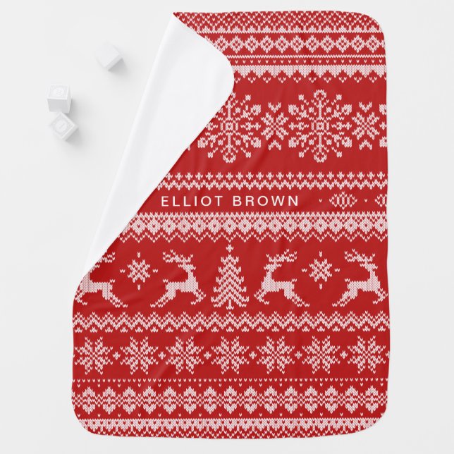 Red And White Personalized Name Christmas Sweater Baby Blanket (In Situ)