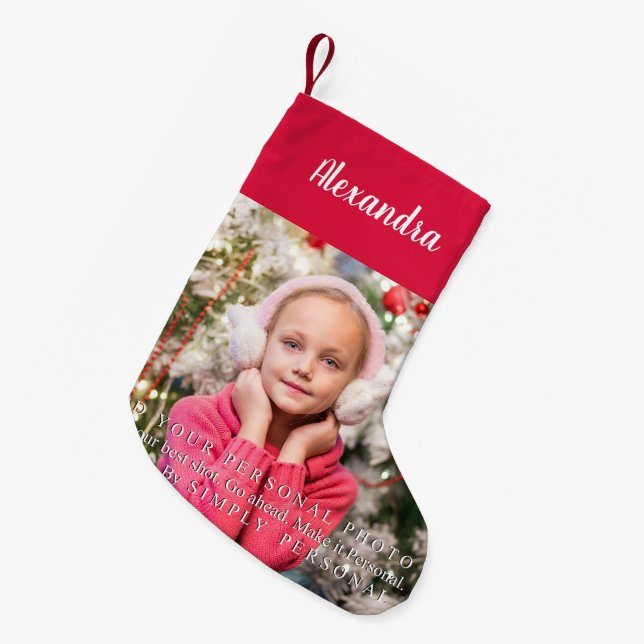 Red and White Personalized Photo Small Christmas Stocking (Front (Hanging))
