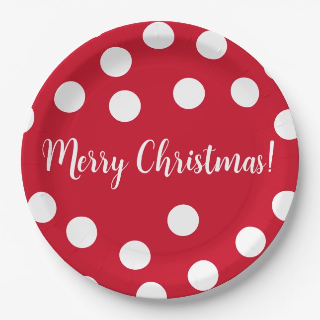 Red and white personalized Polka Dots Christmas Paper Plates (Front)