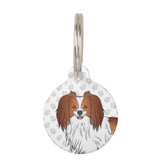 Red And White Phalène Cartoon Dog Head And Paws Pet ID Tag