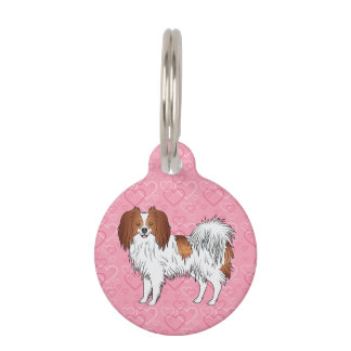Red And White Phalène Cartoon Dog On Pink Hearts Pet ID Tag