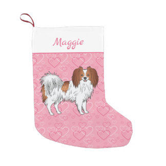 Red And White Phalène Cartoon Dog On Pink Hearts Small Christmas Stocking