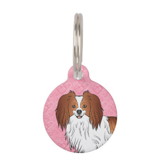 Red And White Phalène Dog Head On Pink Hearts Pet ID Tag