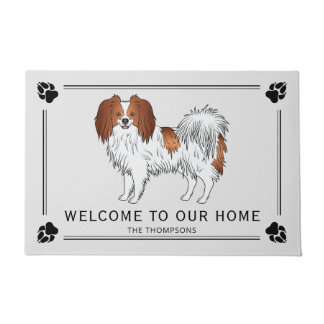 Red And White Phalène Dog With Custom Welcome Text Doormat