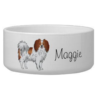 Red And White Phalène Dog With Personalized Name Bowl
