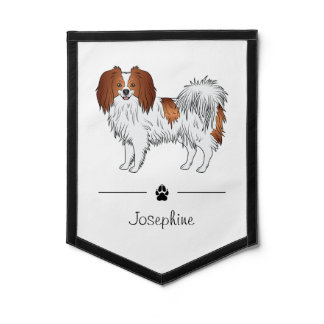 Red And White Phalène Dog With Personalized Name Pennant