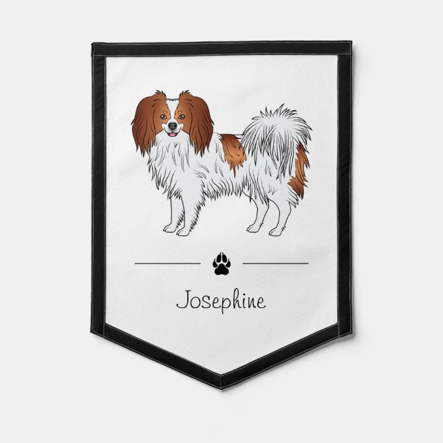 Red And White Phalène Dog With Personalized Name Pennant (Front)
