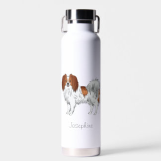 Red And White Phalène Dog With Personalized Name Water Bottle