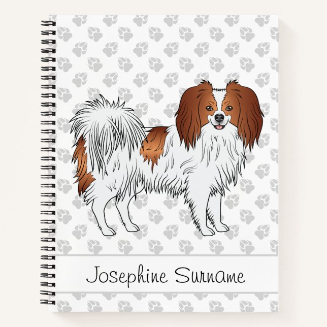 Red And White Phalène Dog With Text And Paws Notebook (Front)