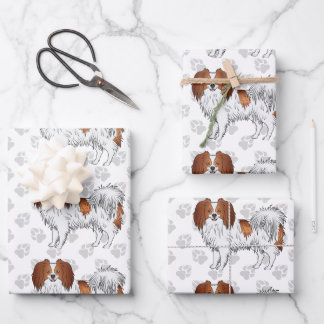 Red And White Phalène Dogs With Gray Paw Pattern Wrapping Paper Sheets