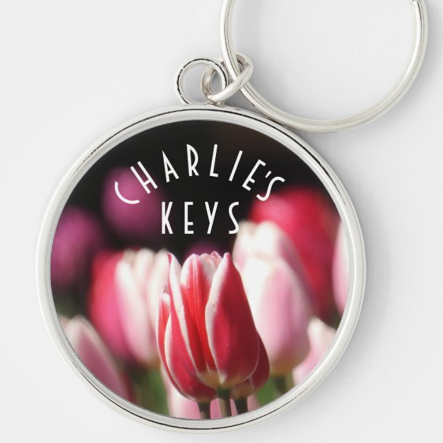 Red and white, Pink Tulips *personalize* Keychain (Front)