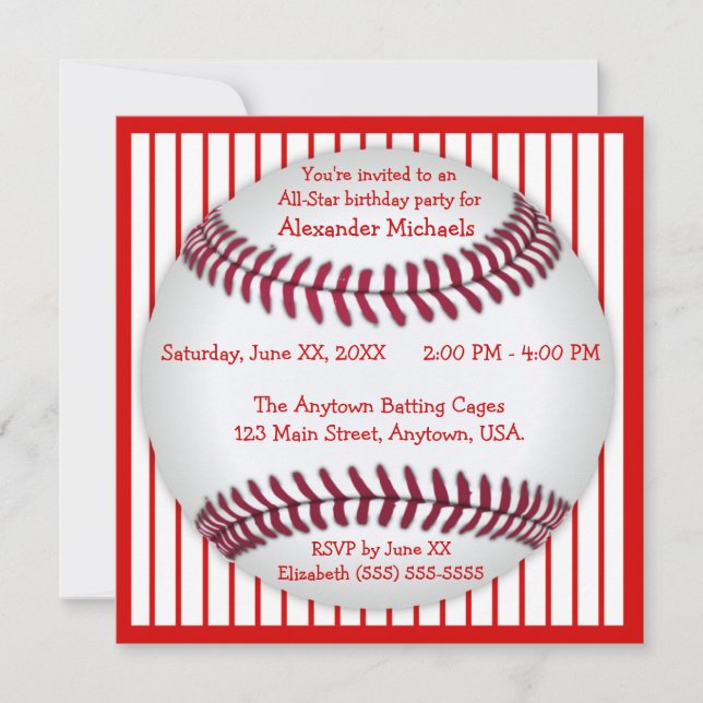 Red and White Pinstripes Baseball Birthday Party Invitation (Front)