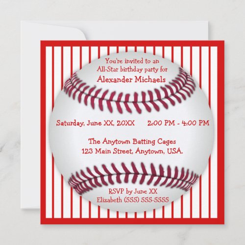 Red and White Pinstripes Baseball Birthday Party Custom Invite