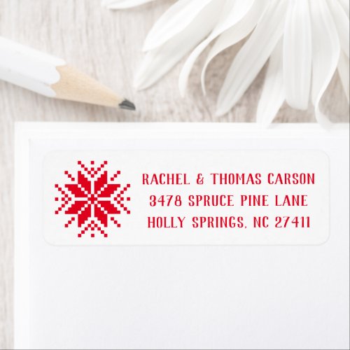 Red and White Pixel Snowflake Return Address Label