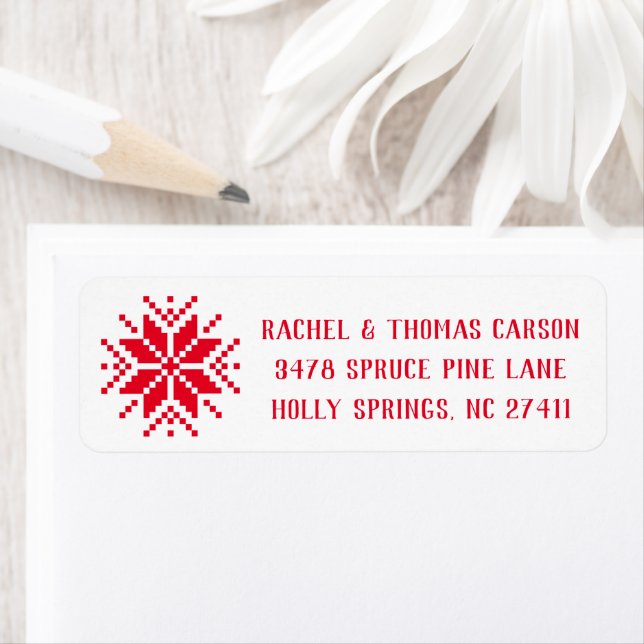 Red and White Pixel Snowflake Return Address Label (Insitu)