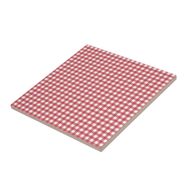 Red and White Plaid Checked - Customizable Ceramic Tile (Side)