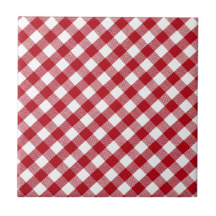 Red and White Plaid Checked Fabric Ceramic Tile