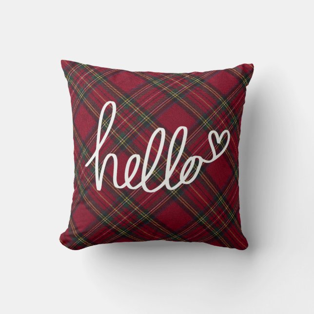 Red and white plaid Hello  Throw Pillow (Front)
