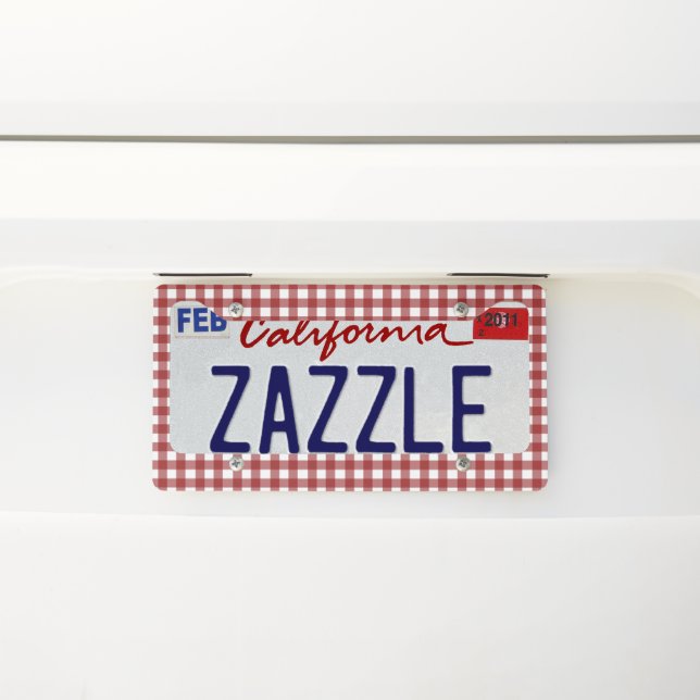 Red and white plaid license plate frame (On Car)