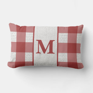 Red and white plaid monogram lumbar pillow