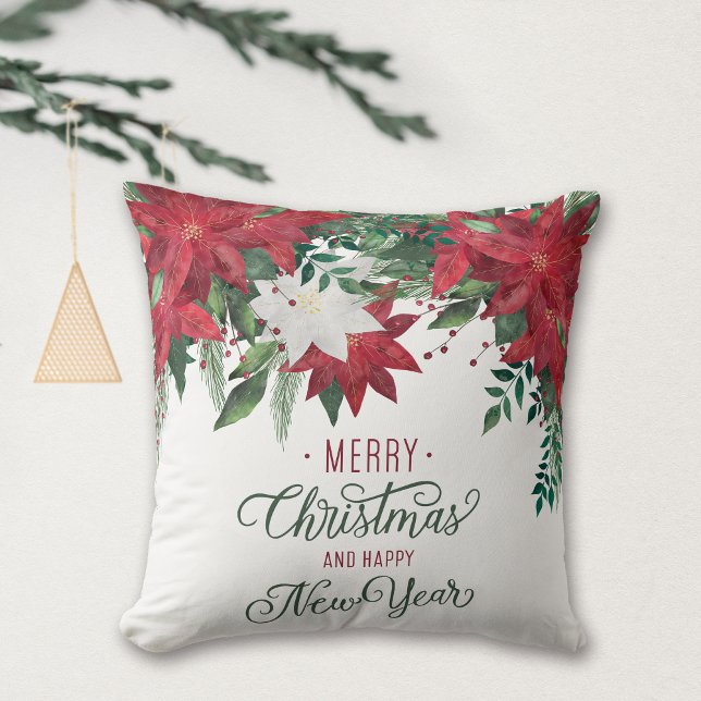Red and White Poinsettia Bouquet Holiday Throw Pillow (Creator Uploaded)