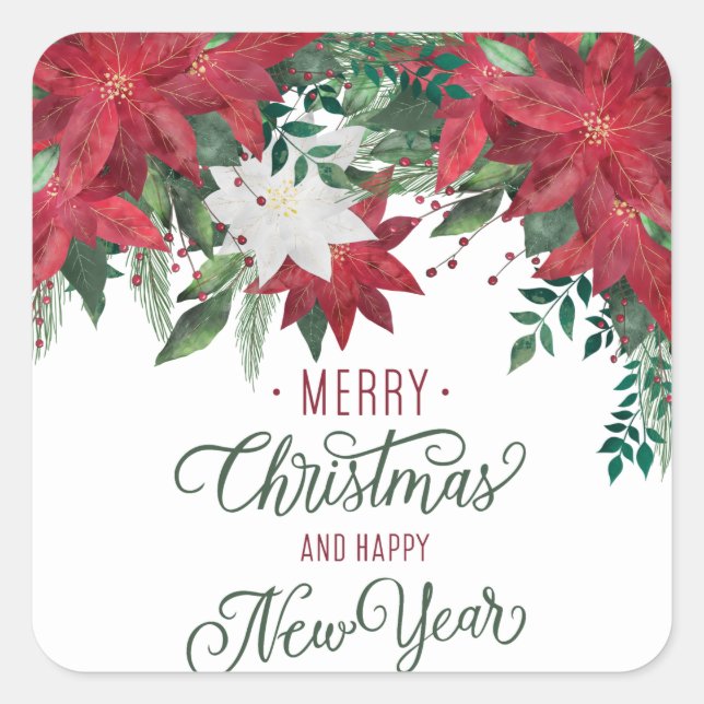 Red and White Poinsettia Bouquet Square Sticker (Front)