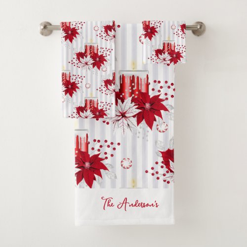 Red And White Poinsettia Christmas Bath Towel Set