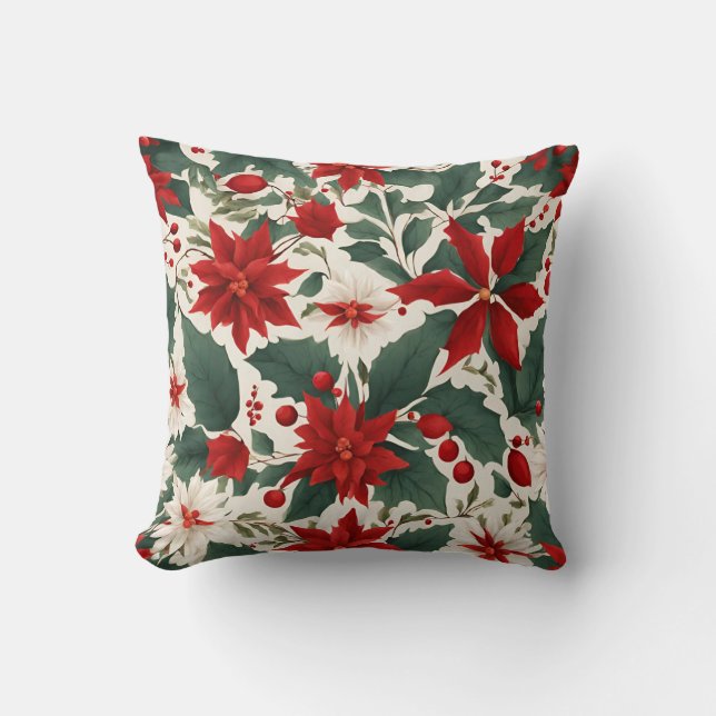 Red and White Poinsettia Flowers and Holly Berries Throw Pillow (Front)