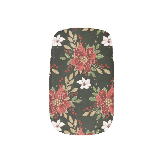 Red and White Poinsettia & Gold Glitter Christmas Minx Nail Art (Left Thumb)