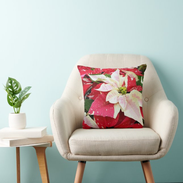 Red and White Poinsettia Holiday Throw Pillow (Chair)