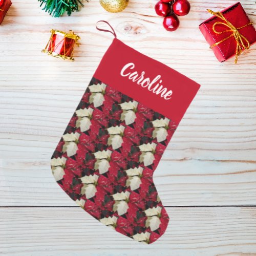Red and White Poinsettia Pattern with Name Small Christmas Stocking