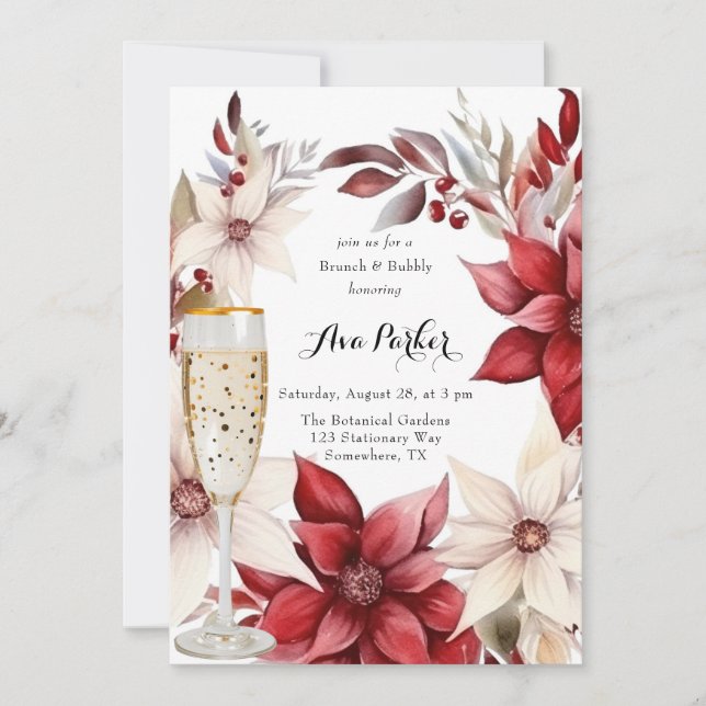 Red and White Poinsettia Wreath Brunch & Bubbly Invitation (Front)