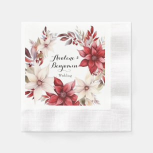 Red and White Poinsettia Wreath Watercolor Wedding Napkins