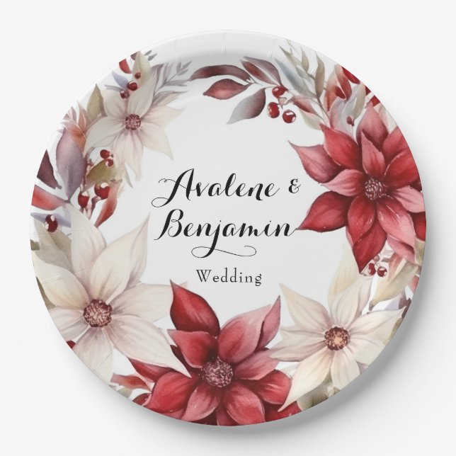 Red and White Poinsettia Wreath Watercolor Wedding Paper Plates (Front)