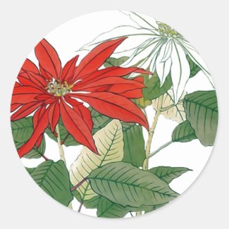 Red and White Poinsettias Round Sticker